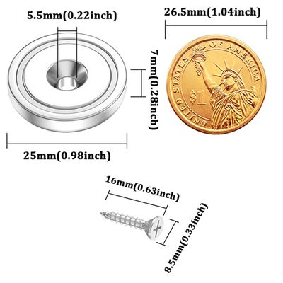 슈퍼 파워 25mm 컵 마그네트 Countersunk 구멍 강도 약 19kg 구멍 d1 5.5mm